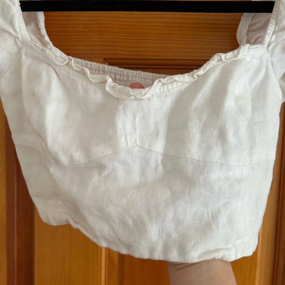 Wilfred Wanderer Linen Cropped Puff Sleeve Milkmaid Blouse - Picture 2 of 4